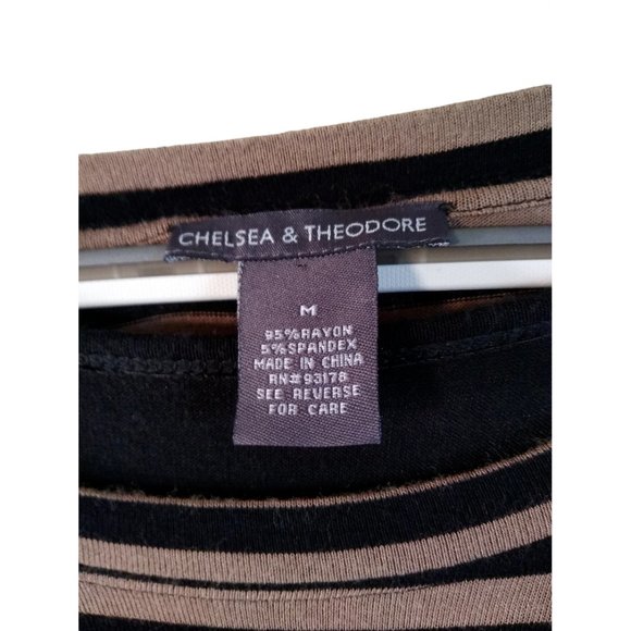 CHELSEA THEODORE Tan/Black Striped KNIT Shark-Bite Hem Loose TOP layered Medium - Picture 10 of 10